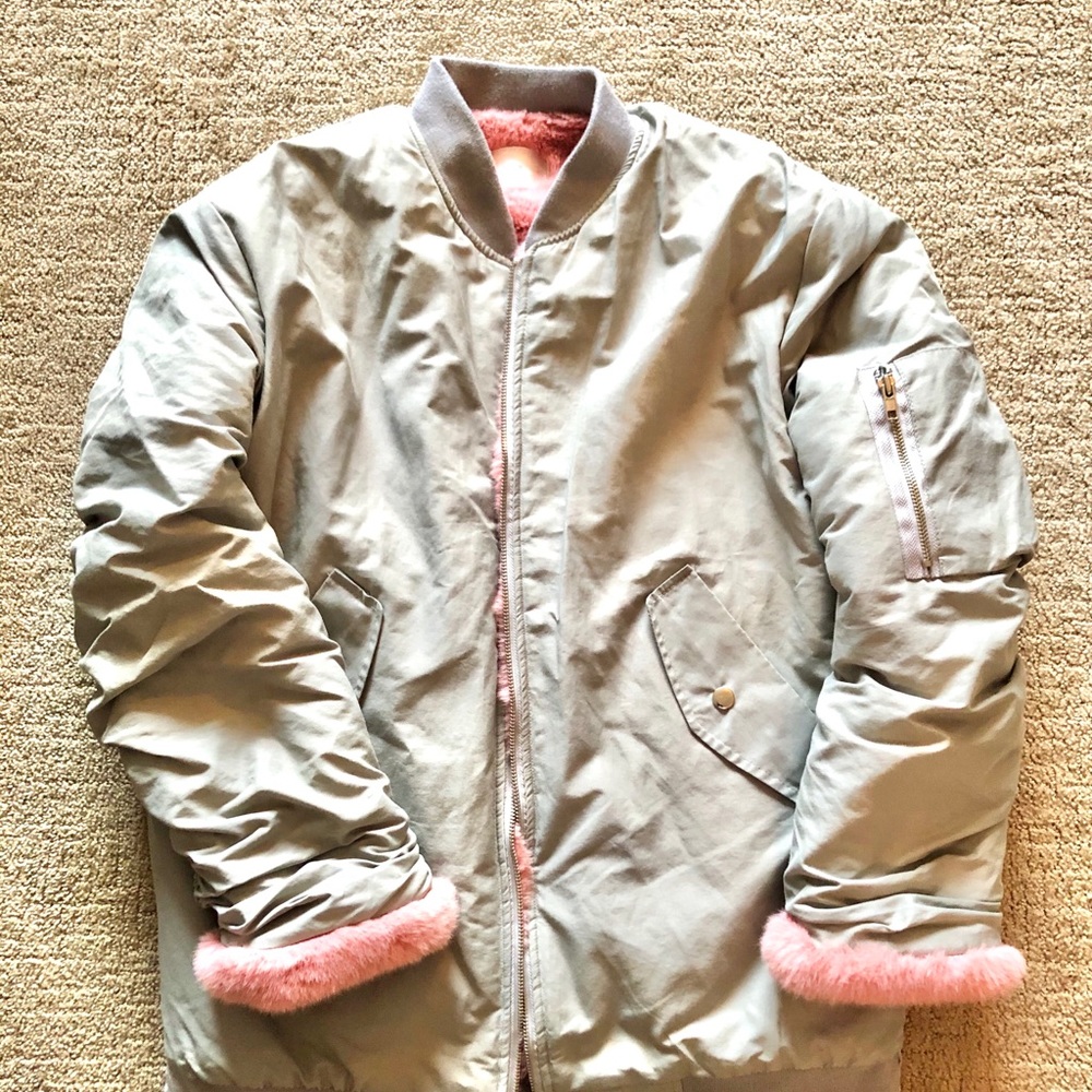 Fur-Lined Gray Pink Bomber Boyfriend Jacket Coat